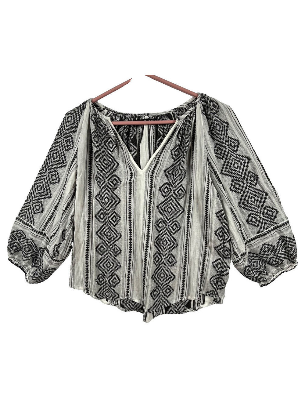 Black Tape Boho Peasant Blouse M Black White Aztec Balloon Sleeve Festival Top